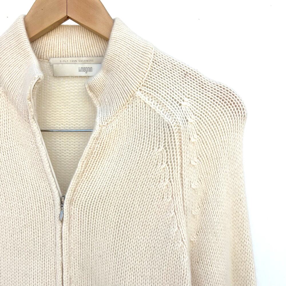 I. Magnin 2-Ply Cashmere Full Zip Cardigan Sweater Cream Ecru Small Stand Collar - Picture 5 of 9